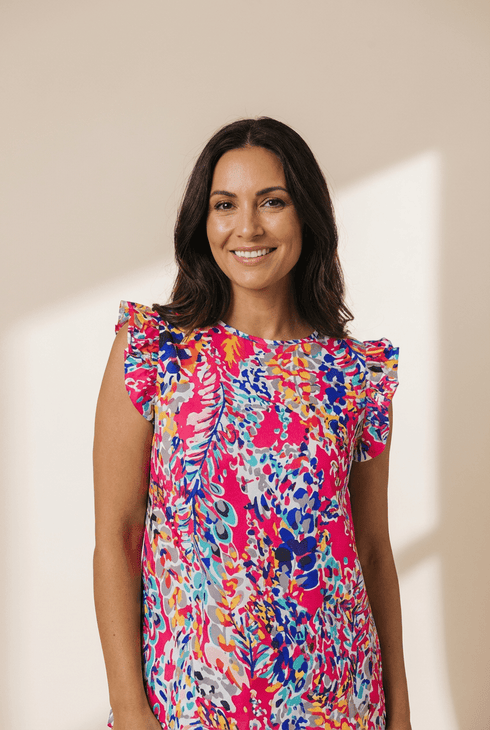 Rose Floral Print Tank Top with Ruffles