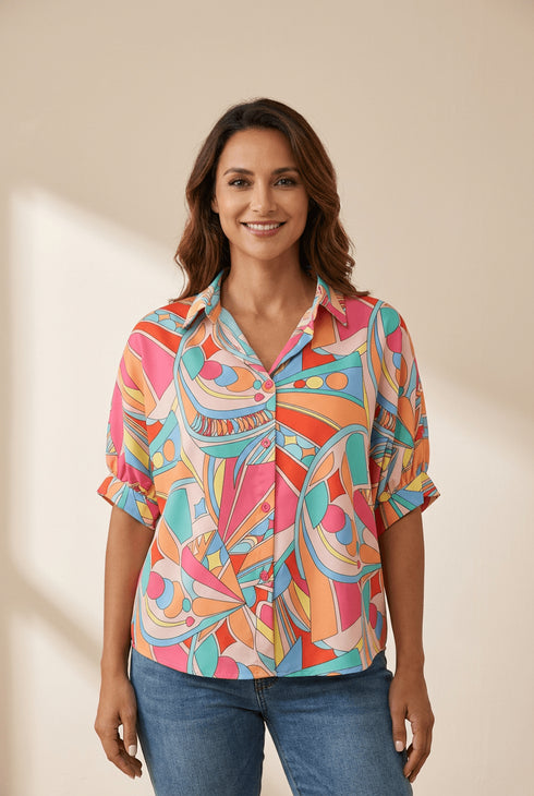 Women's Abstract Geo Print Button-Down with Puff Half Sleeves