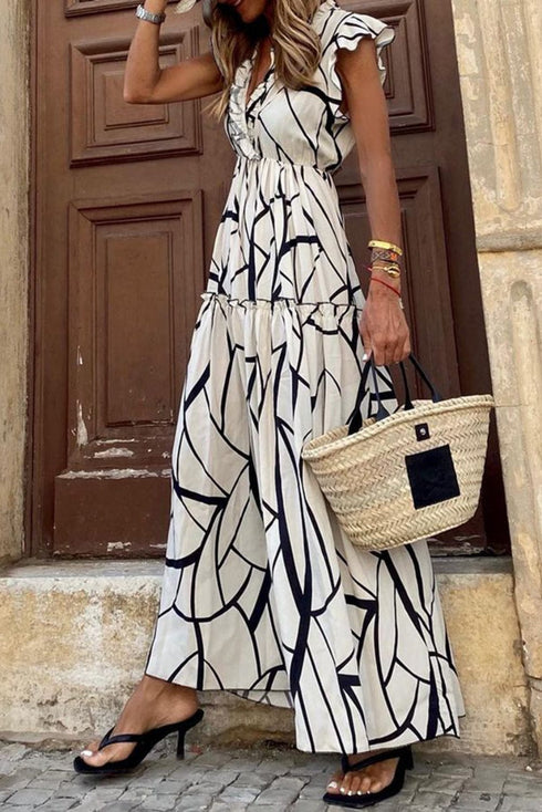 Chic Print Halter Tie Waist Wide Leg Jumpsuit