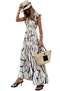 Abstract Vein Print V Neck Ruffle Maxi Dress in White
