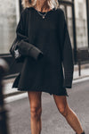 Chic Black Textured Shift Mini Dress for Women with Side Slits and Long Sleeves – Perfect for Casual or Evening Wear