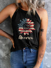 Sunflower Graphic Black Tank Top with American Flag Design