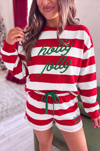 
Women's Casual Summer Outfit: Red Stripe Embroidered Long Sleeve Pullover & Shorts Set for Relaxed Fit