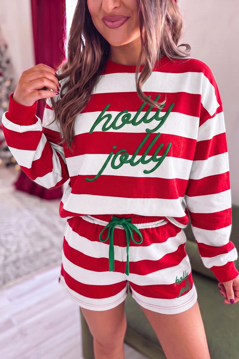 Women's Casual Summer Outfit: Red Stripe Embroidered Long Sleeve Pullover & Shorts Set for Relaxed Fit