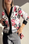 Chic Women's Beige Floral Button-Up V-Neck Knit Cardigan for Cozy Layering in Every Season