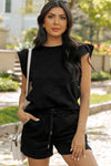 Women's Black Textured Ruffled Sleeve Top and Drawstring Elastic Waist Shorts Set for Casual Summer Style