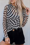 Trendy Women's Black Checkered Mesh Mock Neck Long Sleeve Top - Chic Style for Casual Outings and Everyday Wear