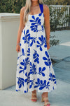 Elegant Women's Blue Floral Maxi Dress - Sleeveless with Crisscross Tie Back for Summer Evenings and Special Occasions