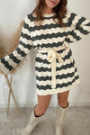 Women's Casual Chic Green Stripe Loose-Fit Belted Sweater Dress with Long Sleeves for Effortless Style