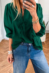 Elegant Women's Blackish Green Frilled V-Neck Blouse with Bow, 3/4 Sleeves - Perfect Stylish Top for Any Occasion
