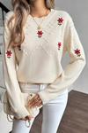 Chic Women's Beige Floral Embroidered Pullover Sweater with Textured Details for Cozy Comfort and Everyday Style