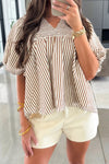Chic Brown Striped Puff Sleeve Blouse for Women - Stylish Shirred V-Neck Top for Everyday Elegance