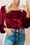 Burgundy Velvet Puff Sleeve Top for Women - Slim Fit, Ribbed Texture, Elegant Square Neck Design
