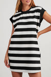 Women's Chic Black Stripe Cap Sleeve Shift Dress - Stylish, Comfortable & Versatile Casual Fashion Essential