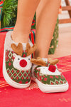 Cozy Women's Fern Green Retro Geometric Knit Christmas Reindeer Plush Slippers for Holiday Comfort and Style