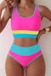 Turquoise Color Block High Waist Bikini Set for Women – Stylish Athletic Two-Piece Swimwear for Summer Beach Days