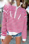 Women's Casual Chic Pink Stripe Zip-Up Sweater with Drop Shoulder Design for Effortless Style and Comfort