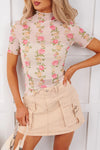 Women's Elegant Women's Beige Floral Mesh Top with Mock Neck and Short Sleeves - Perfect for Summer Fashion and Casual Outfits