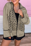 Chic Women's Khaki Leopard Star Hooded Jacket with Contrast Piping - Trendy Open Front for Effortless Layering