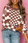 Cozy Women's Brown Checkered Drop Shoulder Sweater - Casual Knit with Round Neck for Effortless Everyday Style