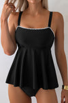 Stylish Women's Black Flared Tankini Swimsuit Set with Spaghetti Straps & Chic Ricrac Trim for Beach Fun