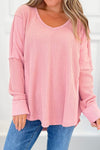 Women’s Relaxed Fit Pink Waffle Knit Patchwork Top – Chic Casual Style for Effortless Everyday Fashion