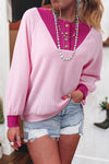 Women's Pink Textured Knit Color Block Long Sleeve Top with Button Neck - Stylish & Comfortable Casual Wear