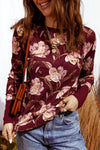 Women's Casual Chic Red Floral Waffle Long Sleeve Top – Effortless Everyday Style for Modern Fashionistas