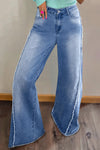 Beau Blue Women's Vintage Flared Jeans in Chic Raw Hem with Unique Stitching for Effortless Casual Style