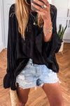 Elegant Black Silky Blouse for Women with Lace Frills and Long Sleeves - Perfect for Stylish Casual or Dressy Occasions
