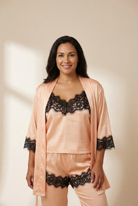 Women's 5 Piece Silk-Feel Satin Pajama Set: Robe, Top, Shorts, Camisole, Pants made for easy styling and wardrobe coordination, with premium-like structure and