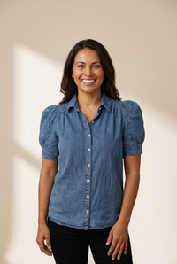Women's Ashleigh 100% Cotton Denim Puff Sleeve Button-Up Shirt
