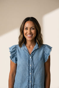 Women's Beau Blue Ruffle Flutter Sleeve Frayed Denim Top