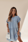 Women's Beau Blue Denim Tiered A-line Dress with Ruffle Details