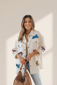 Women's Beige Sequined Tigers Textured Shacket