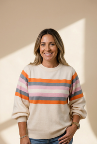 Women's Beige Striped Puff Sleeve Sweatshirt for Women - Trendy Casual Pullover Top for Stylish Everyday Comfort
