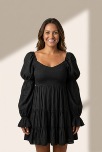 Women's Bohemian Black Ruffled Mini Dress with Smocked Details