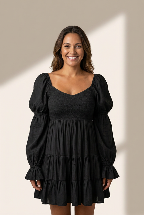 Women's Bohemian Black Ruffled Mini Dress with Smocked Details