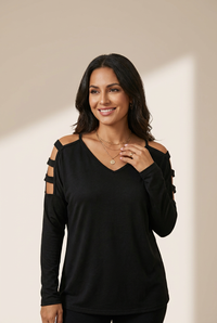 Women's Chic Black V-Neck Long Sleeve Top with Shoulder Cut-Outs