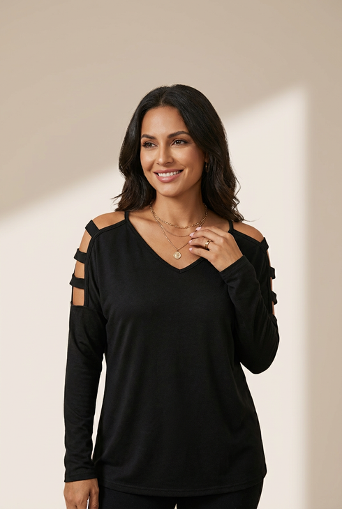 Women's Chic Black V-Neck Long Sleeve Top with Shoulder Cut-Outs