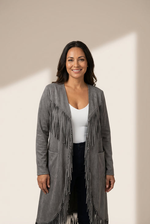 Women's Chic Black Fringed Hem Cardigan with Pockets