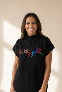 Women's Festive Holly Jolly Black High Neck Short Sleeve Christmas Sweater