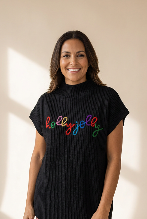 Women's Festive Holly Jolly Black High Neck Short Sleeve Christmas Sweater