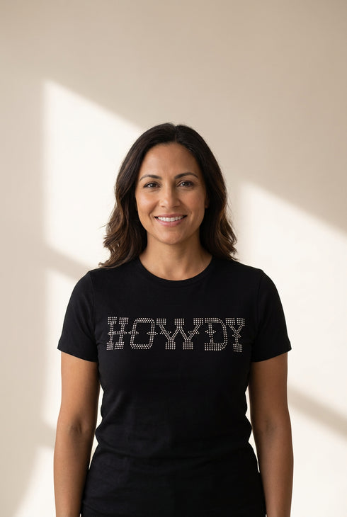 Women's HOWDY Black Rhinestone Embellished Slim Fit Tee