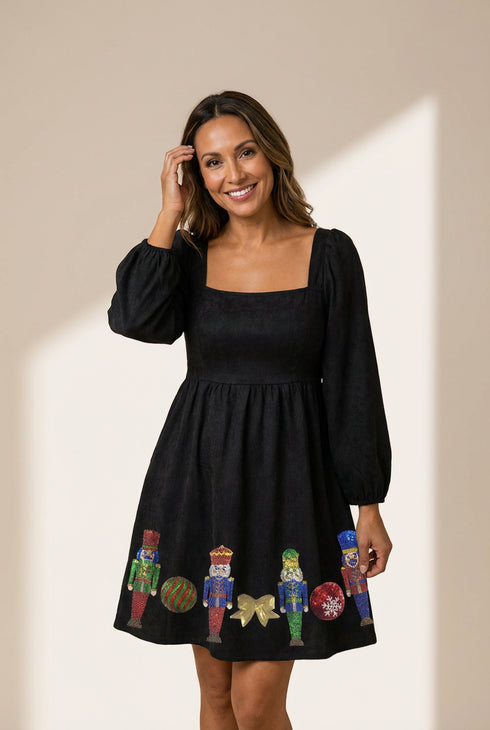 Women's Sparkling Black Christmas Nutcracker Square Neck Mini Dress