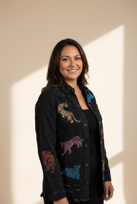 Women's Trendy Black Sequin Tiger Print Distressed Denim Jacket
