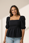 Women's Stylish Black Square Neck Peplum Top with Textured Puff Sleeves