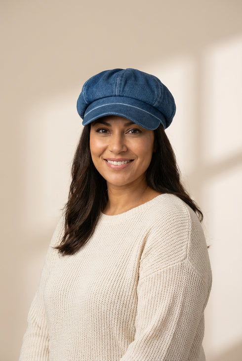 Classic Indigo Denim Baker Boy Hat with Eight-Panel Crown with practical styling and dependable silhouette control.
