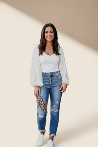 Women's Blue Raw Hem Straight Jeans with Leopard Print Patchwork Detail and Ripped Holes - Women's Denim Clothing