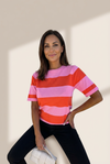 Women's Vibrant Pink Striped Colorblock Knit Top with Short Sleeves
